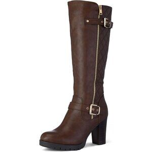 Women Brown Pu Knee High Fashion Chunky Block Heel Side Zipper Warm Winter Boot